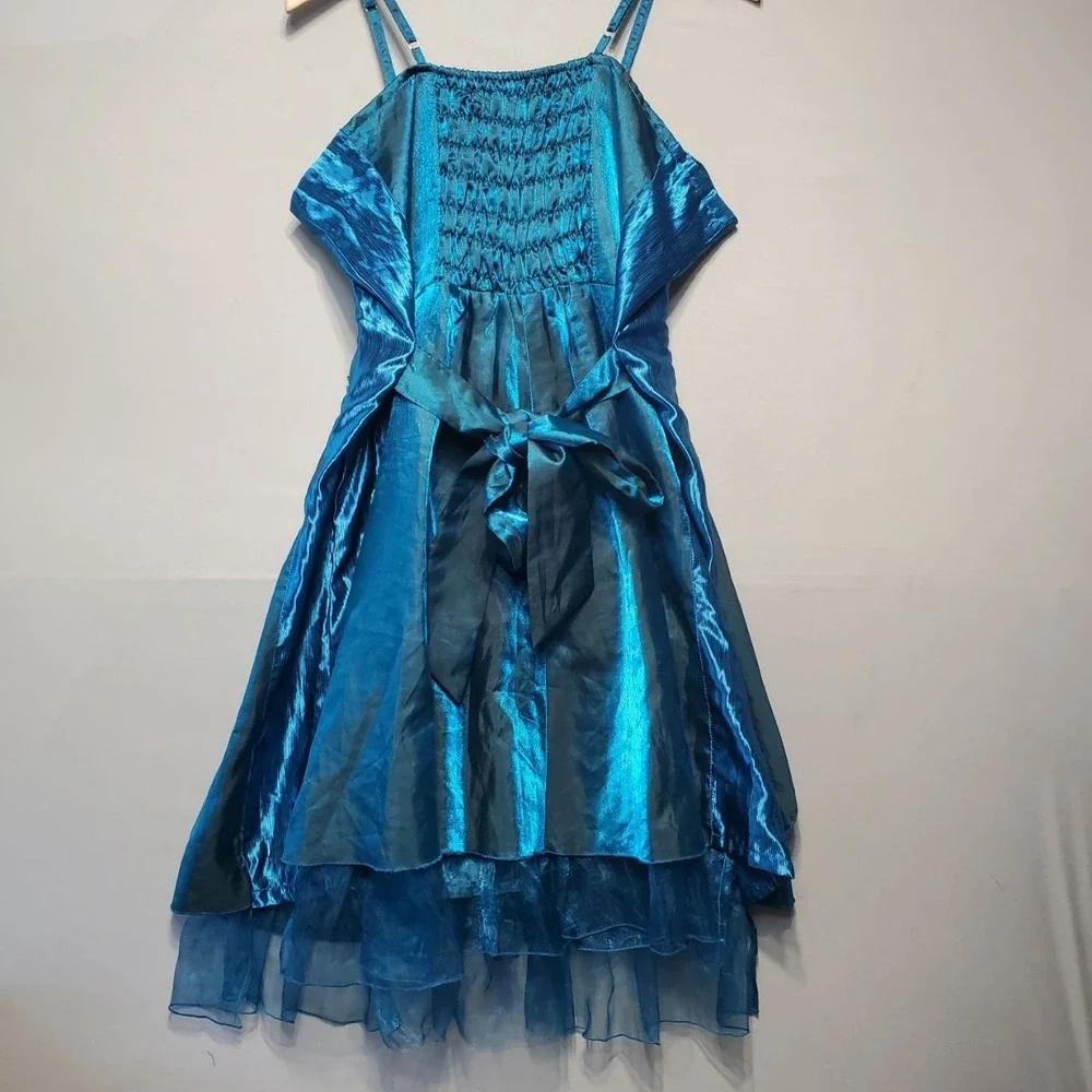 VTG Y2K Prom Dress Juniors Medium Iridescent Blue Metallic Rosette Ruffle Fairy